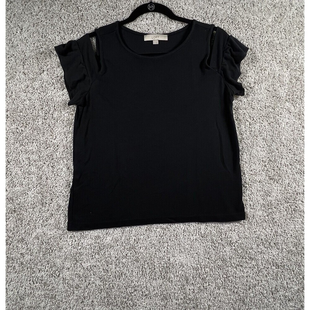 LOFT Black Flutter Sleeve Top Womens Medium Stretch Casual Blouse
